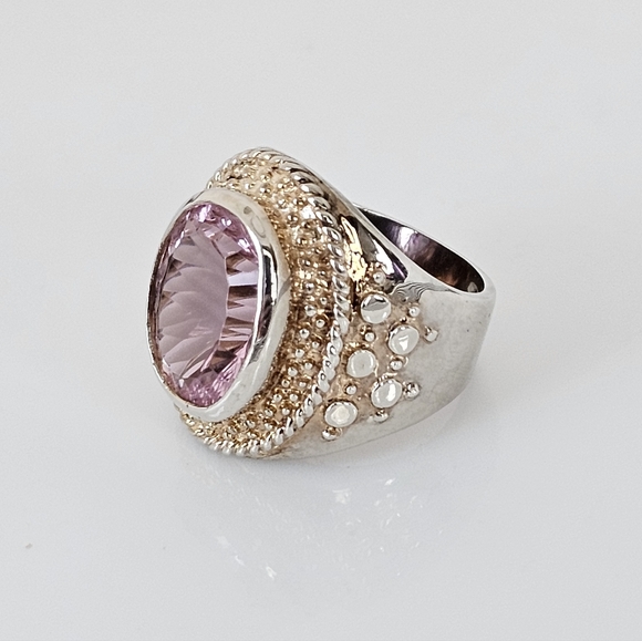 Genuine 9.32 Carat Pink Tourmaline Ring Two Toned Band Sterling Silver Sz 7.5 - Picture 11 of 13